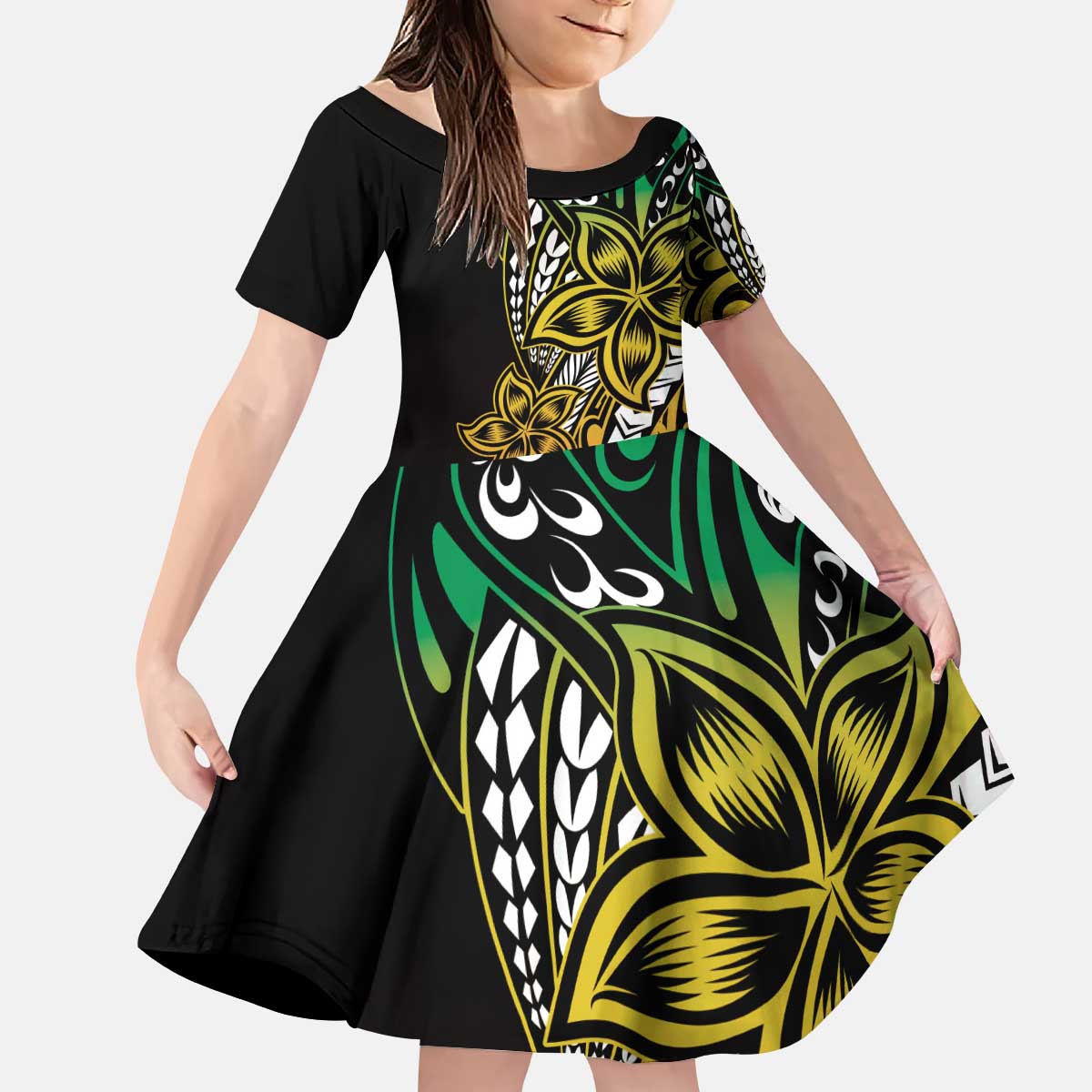 Polynesian Plumeria Floral Tattoo Pattern Kid Short Sleeve Dress Reggae Style