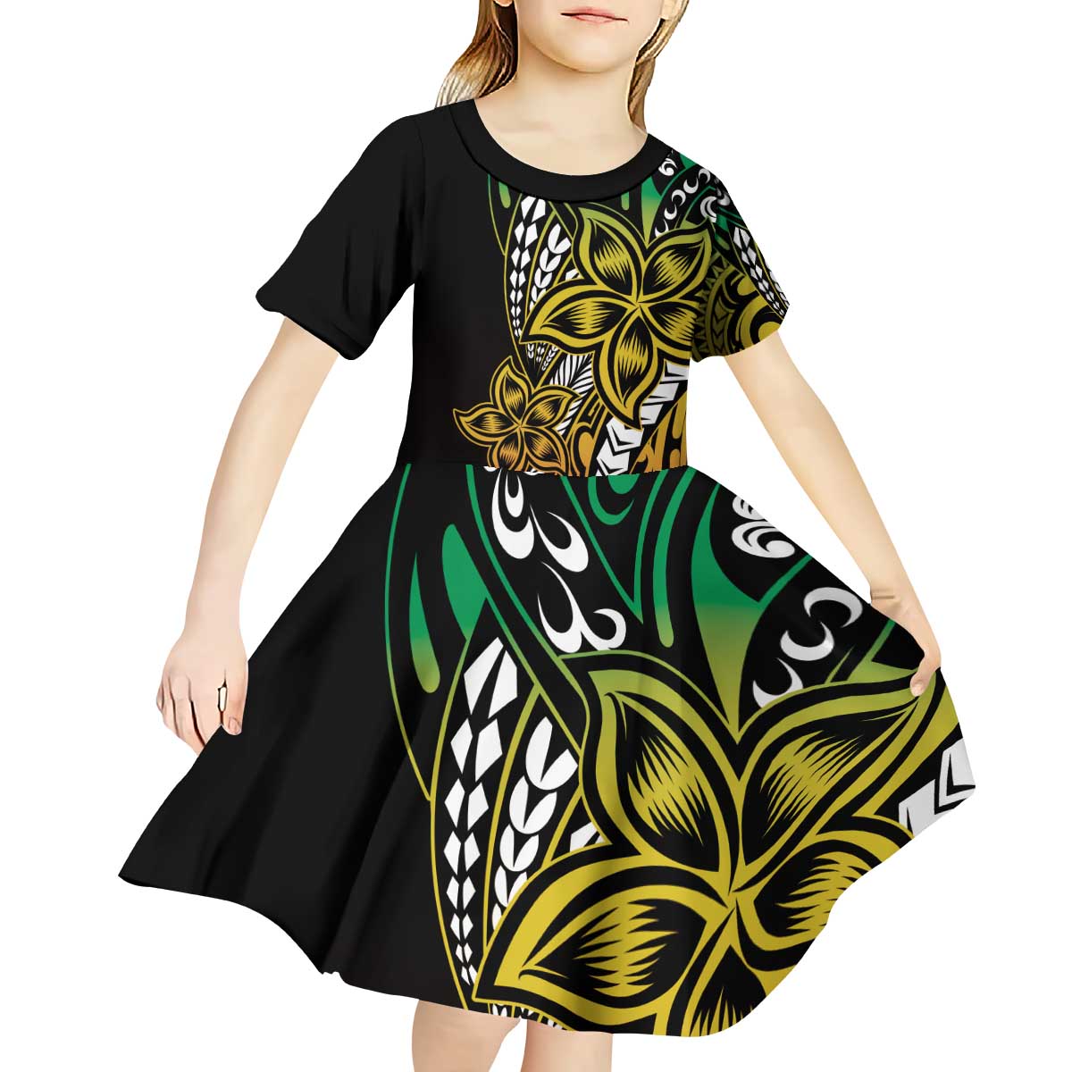 Polynesian Plumeria Floral Tattoo Pattern Kid Short Sleeve Dress Reggae Style