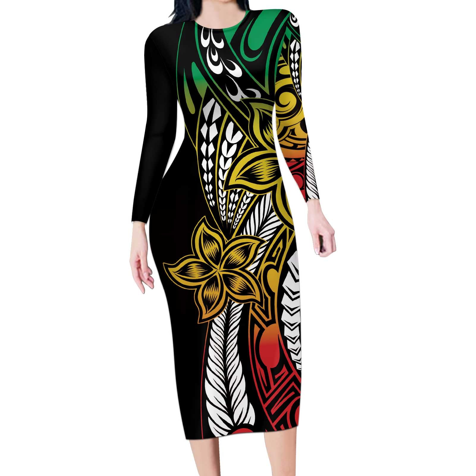 Polynesian Plumeria Floral Tattoo Pattern Long Sleeve Bodycon Dress Reggae Style