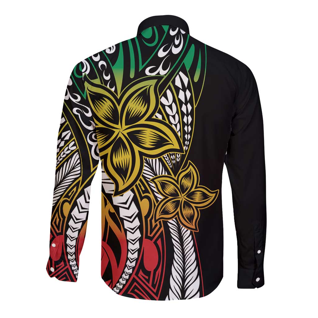 Polynesian Plumeria Floral Tattoo Pattern Long Sleeve Button Shirt Reggae Style