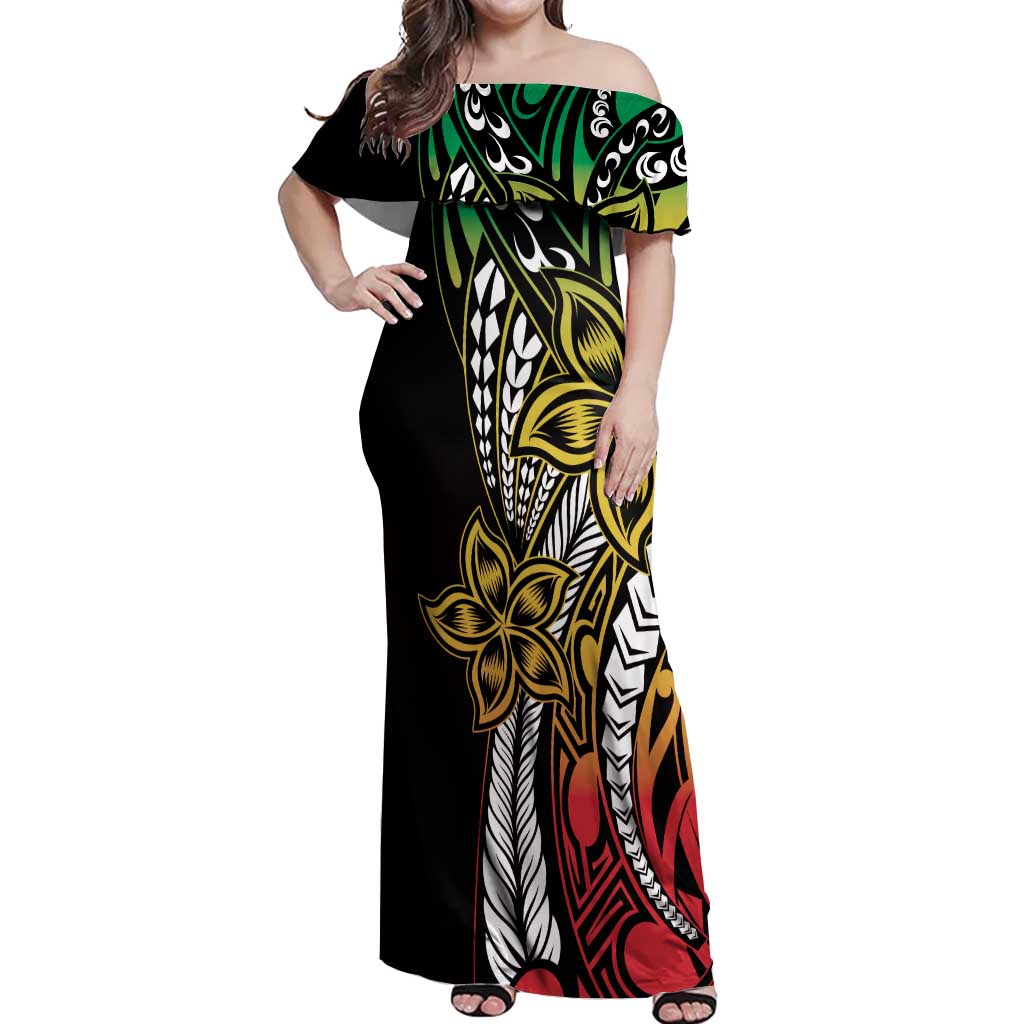 Polynesian Plumeria Floral Tattoo Pattern Off Shoulder Maxi Dress Reggae Style LT9 Women Reggae - Polynesian Pride