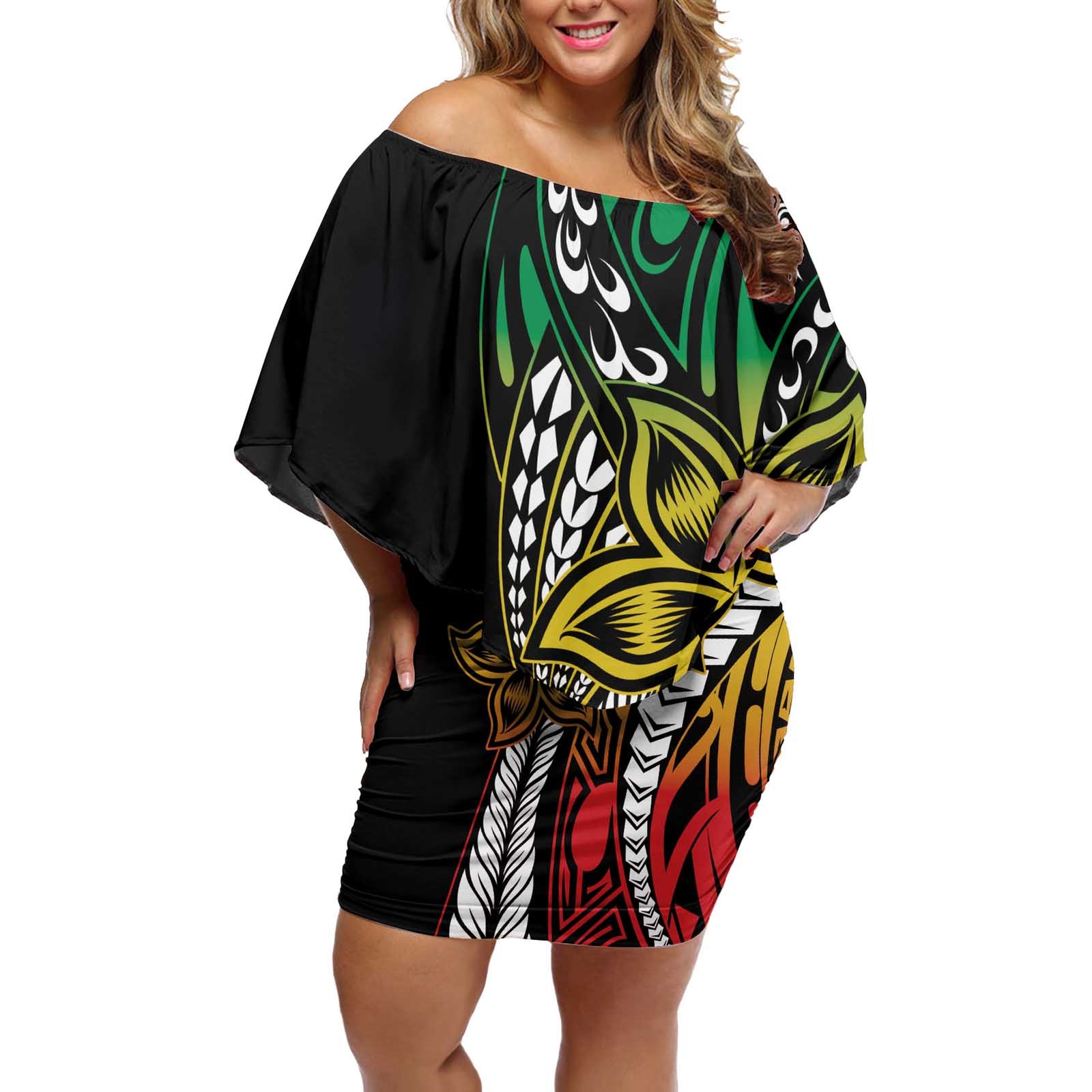 Polynesian Plumeria Floral Tattoo Pattern Off Shoulder Short Dress Reggae Style LT9 Women Reggae - Polynesian Pride