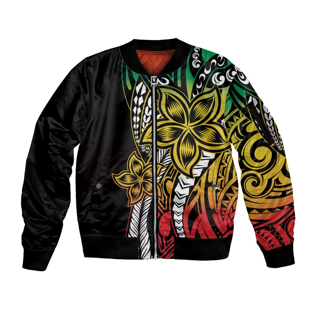 Polynesian Plumeria Floral Tattoo Pattern Sleeve Zip Bomber Jacket Reggae Style