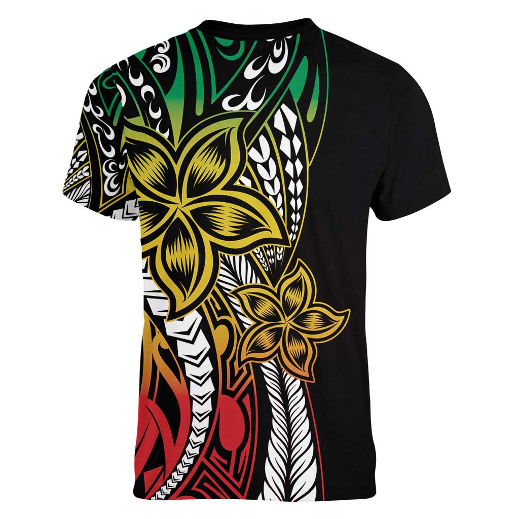 Polynesian Plumeria Floral Tattoo Pattern Women V-Neck T-Shirt Reggae Style