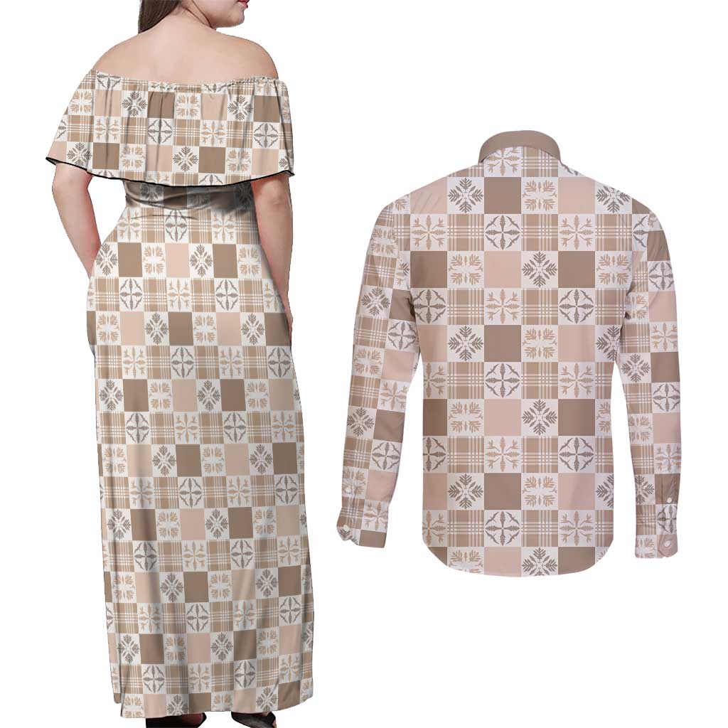 Hawaiian Palaka Quilt Pattern Couples Matching Off Shoulder Maxi Dress and Long Sleeve Button Shirt Hawaii Culture Bird of Paradise Exotic Motif - Polynesian Pride