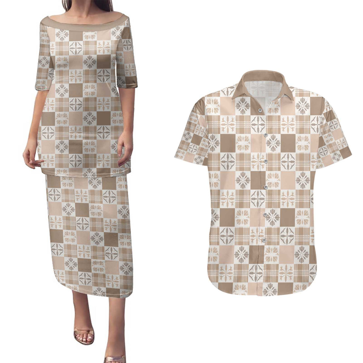 Hawaiian Palaka Quilt Pattern Couples Matching Puletasi and Hawaiian Shirt Hawaii Culture Bird of Paradise Exotic Motif - Polynesian Pride