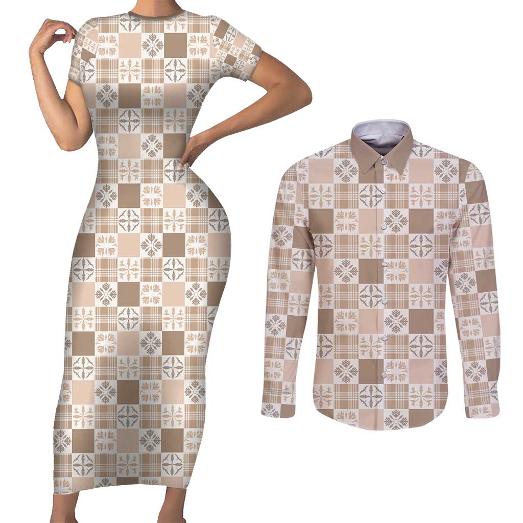 Hawaiian Palaka Quilt Pattern Couples Matching Short Sleeve Bodycon Dress and Long Sleeve Button Shirt Hawaii Culture Bird of Paradise Exotic Motif - Polynesian Pride