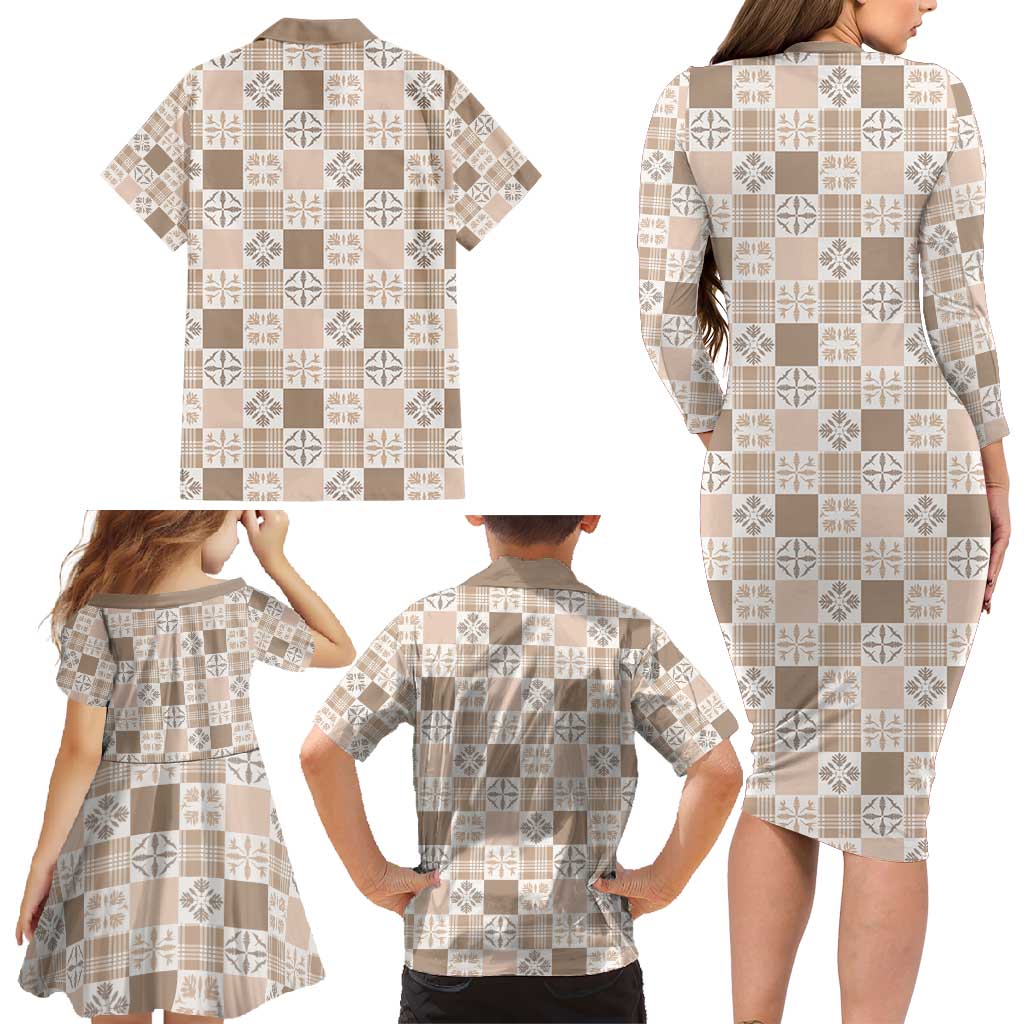 Hawaiian Palaka Quilt Pattern Family Matching Long Sleeve Bodycon Dress and Hawaiian Shirt Hawaii Culture Bird of Paradise Exotic Motif - Polynesian Pride