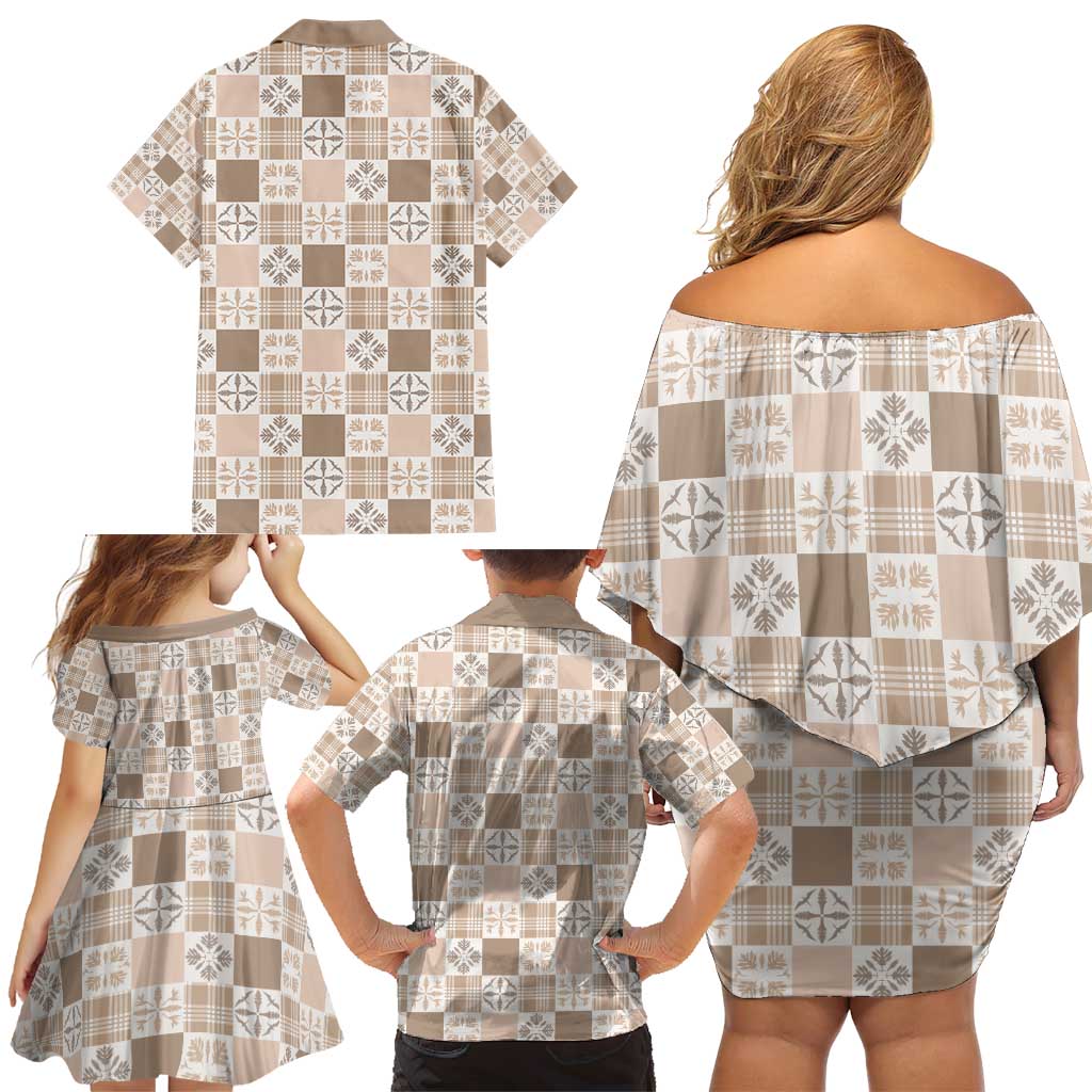 Hawaiian Palaka Quilt Pattern Family Matching Off Shoulder Short Dress and Hawaiian Shirt Hawaii Culture Bird of Paradise Exotic Motif - Polynesian Pride