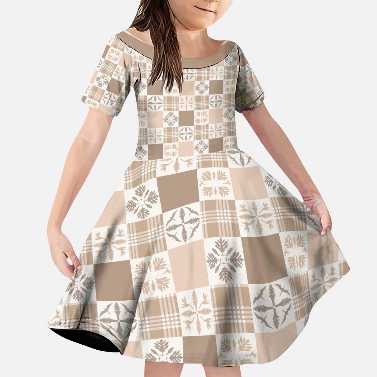 Hawaiian Palaka Quilt Pattern Kid Short Sleeve Dress Hawaii Culture Bird of Paradise Exotic Motif - Polynesian Pride
