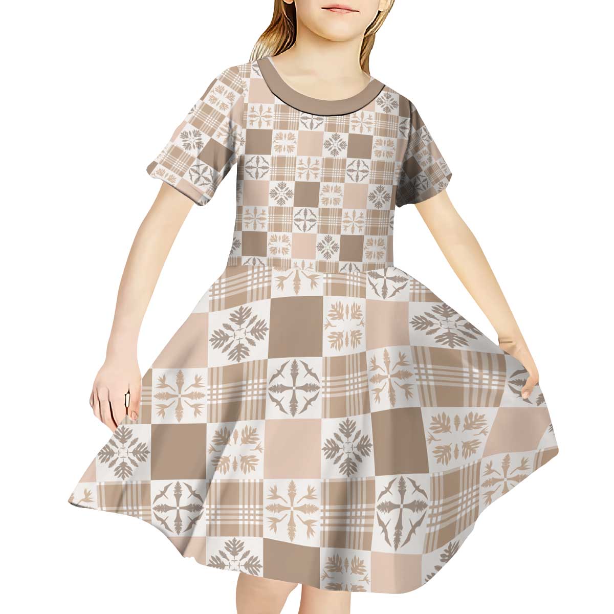 Hawaiian Palaka Quilt Pattern Kid Short Sleeve Dress Hawaii Culture Bird of Paradise Exotic Motif - Polynesian Pride