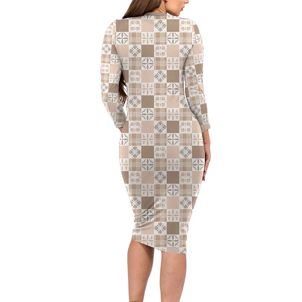 Hawaiian Palaka Quilt Pattern Long Sleeve Bodycon Dress Hawaii Culture Bird of Paradise Exotic Motif - Polynesian Pride