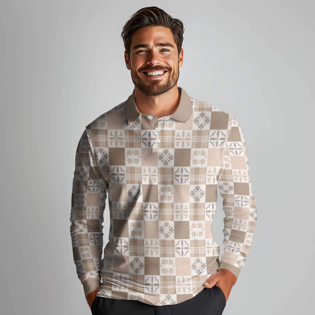 Hawaiian Palaka Quilt Pattern Long Sleeve Polo Shirt Hawaii Culture Bird of Paradise Exotic Motif - Polynesian Pride