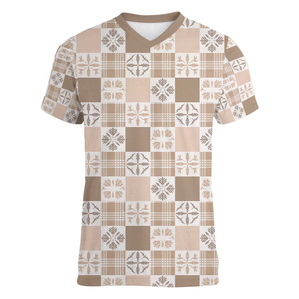 Hawaiian Palaka Quilt Pattern Women V-Neck T-Shirt Hawaii Culture Bird of Paradise Exotic Motif - Polynesian Pride