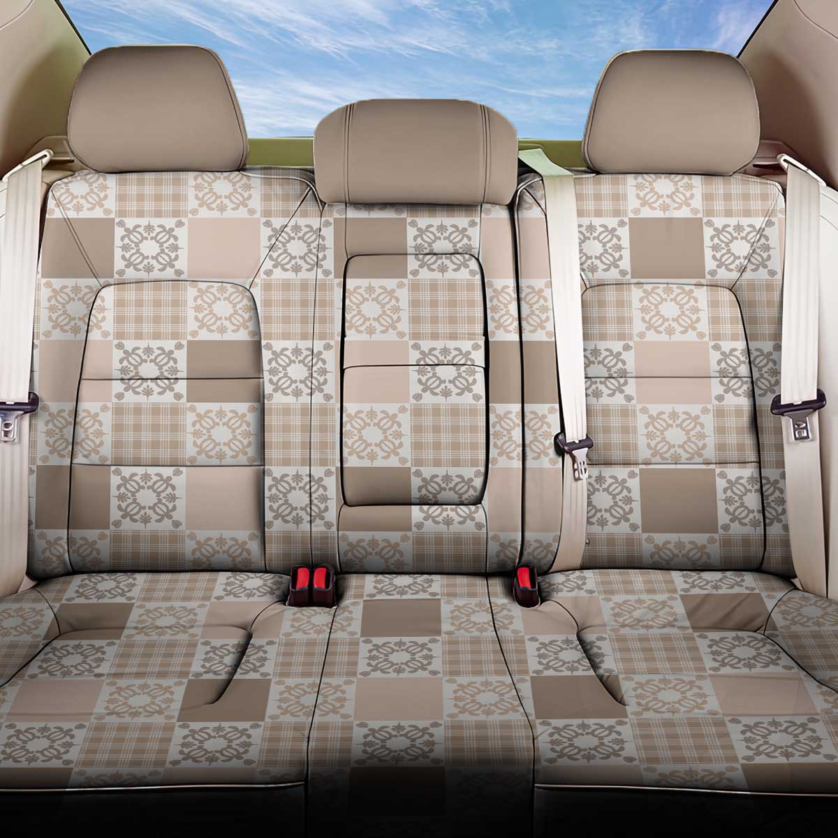Hawaiian Palaka Quilt Pattern Back Car Seat Cover Hawaii Culture Honu Turtle LT9 One Size Beige - Polynesian Pride