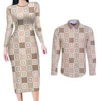 Hawaiian Palaka Quilt Pattern Couples Matching Long Sleeve Bodycon Dress and Long Sleeve Button Shirt Hawaii Culture Honu Turtle - Polynesian Pride