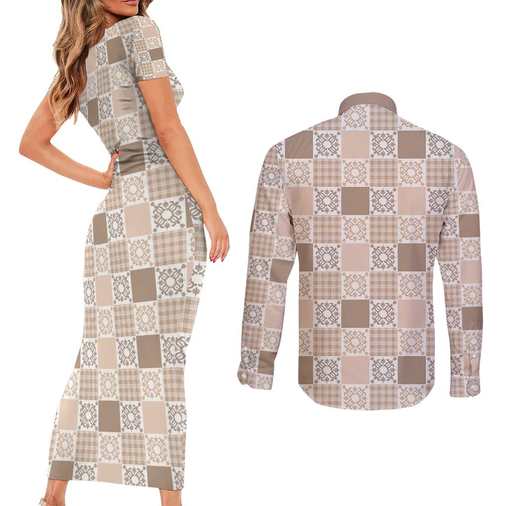 Hawaiian Palaka Quilt Pattern Couples Matching Short Sleeve Bodycon Dress and Long Sleeve Button Shirt Hawaii Culture Honu Turtle - Polynesian Pride