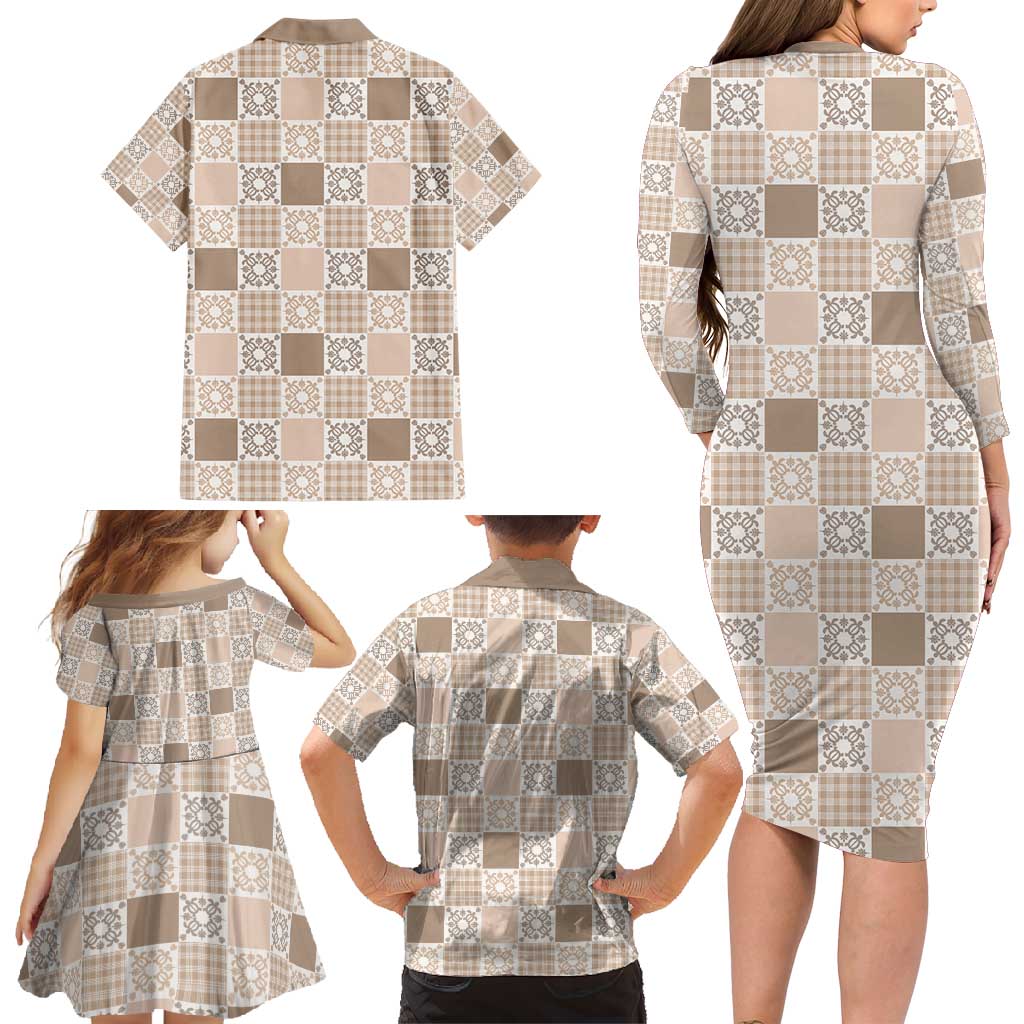 Hawaiian Palaka Quilt Pattern Family Matching Long Sleeve Bodycon Dress and Hawaiian Shirt Hawaii Culture Honu Turtle - Polynesian Pride