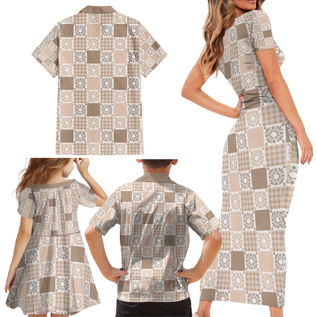 Hawaiian Palaka Quilt Pattern Family Matching Short Sleeve Bodycon Dress and Hawaiian Shirt Hawaii Culture Honu Turtle - Polynesian Pride