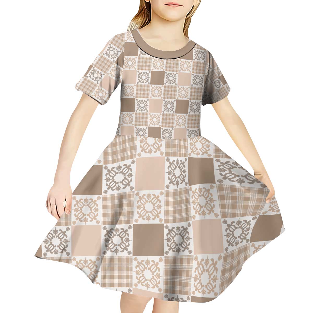 Hawaiian Palaka Quilt Pattern Kid Short Sleeve Dress Hawaii Culture Honu Turtle - Polynesian Pride