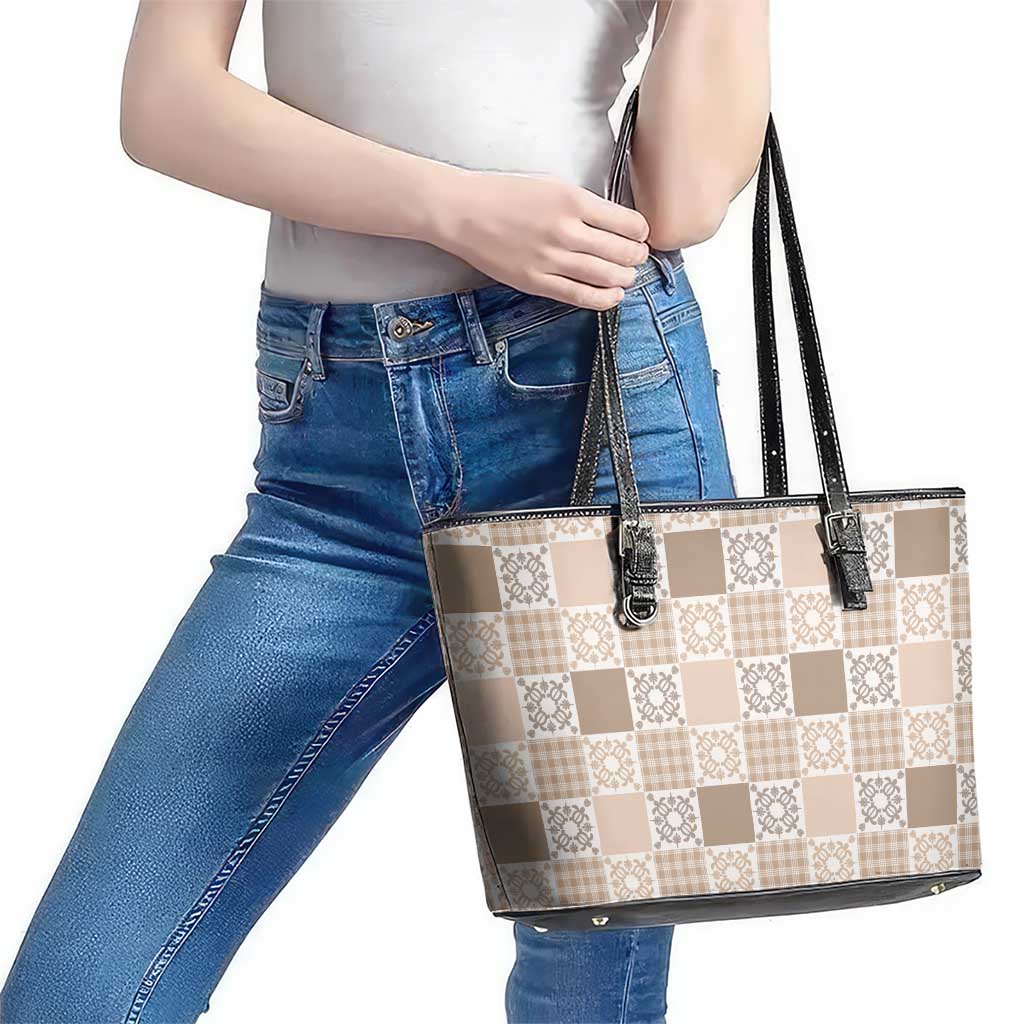 Hawaiian Palaka Quilt Pattern Leather Tote Bag Hawaii Culture Honu Turtle - Polynesian Pride