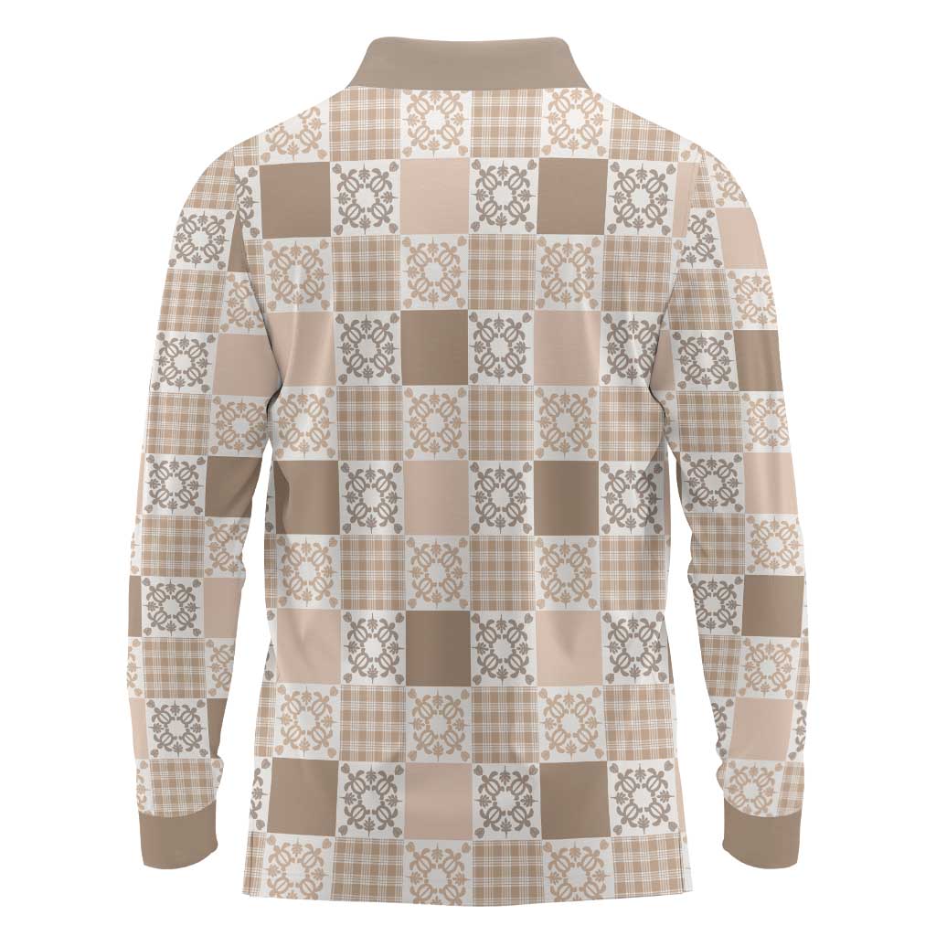 Hawaiian Palaka Quilt Pattern Long Sleeve Polo Shirt Hawaii Culture Honu Turtle - Polynesian Pride