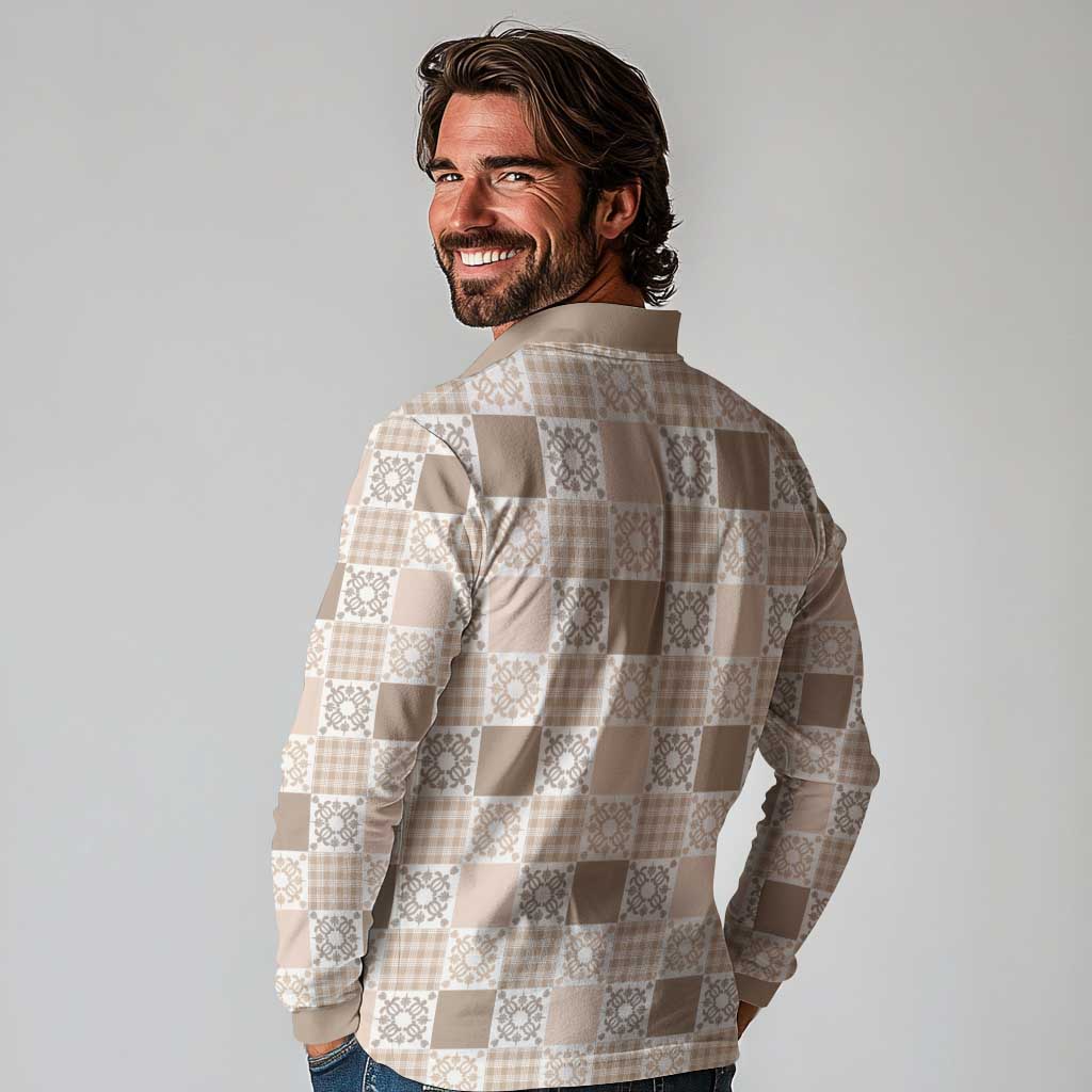 Hawaiian Palaka Quilt Pattern Long Sleeve Polo Shirt Hawaii Culture Honu Turtle - Polynesian Pride