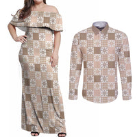 Hawaiian Palaka Quilt Pattern Couples Matching Off Shoulder Maxi Dress and Long Sleeve Button Shirt Hawaii Culture Pineapple - Polynesian Pride