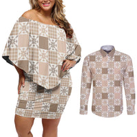 Hawaiian Palaka Quilt Pattern Couples Matching Off Shoulder Short Dress and Long Sleeve Button Shirt Hawaii Culture Pineapple - Polynesian Pride