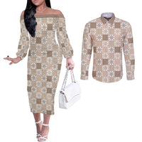 Hawaiian Palaka Quilt Pattern Couples Matching Off The Shoulder Long Sleeve Dress and Long Sleeve Button Shirt Hawaii Culture Pineapple - Polynesian Pride