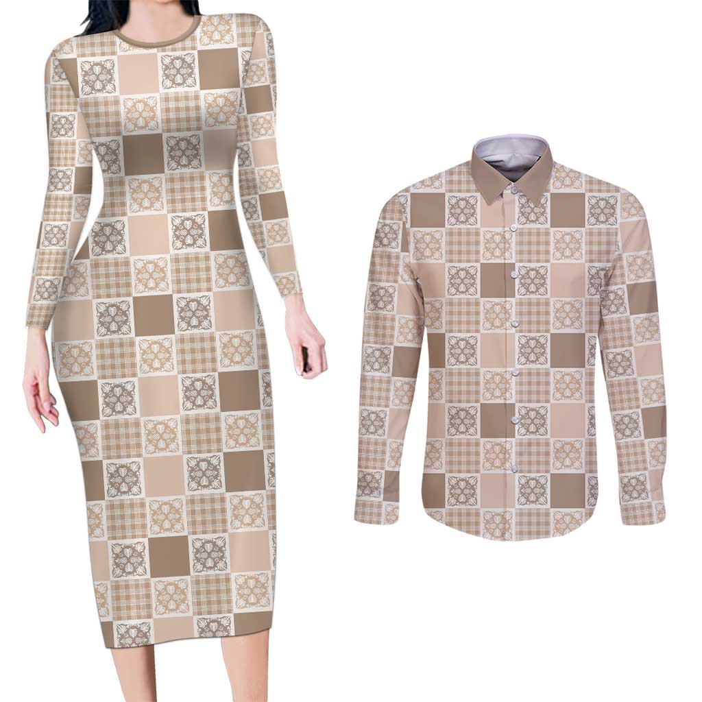 Hawaiian Palaka Quilt Pattern Couples Matching Long Sleeve Bodycon Dress and Long Sleeve Button Shirt Hawaii Culture Tropical Flowers Mix - Polynesian Pride