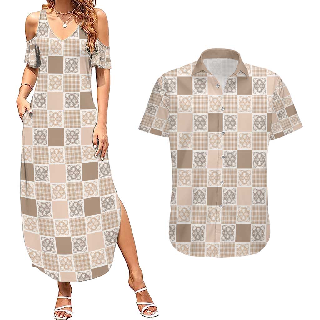 Hawaiian Palaka Quilt Pattern Couples Matching Summer Maxi Dress and Hawaiian Shirt Hawaii Culture Tropical Flowers Mix - Polynesian Pride