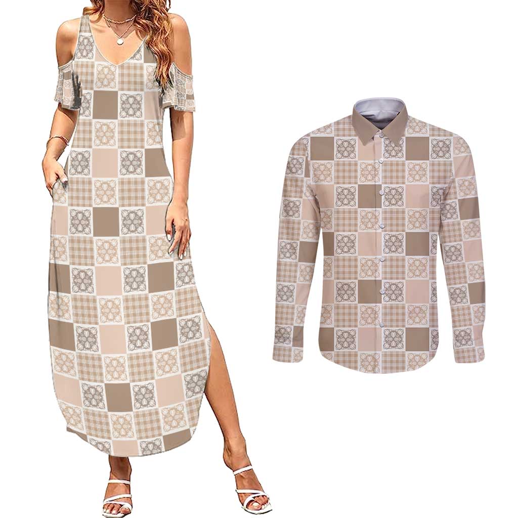 Hawaiian Palaka Quilt Pattern Couples Matching Summer Maxi Dress and Long Sleeve Button Shirt Hawaii Culture Tropical Flowers Mix - Polynesian Pride