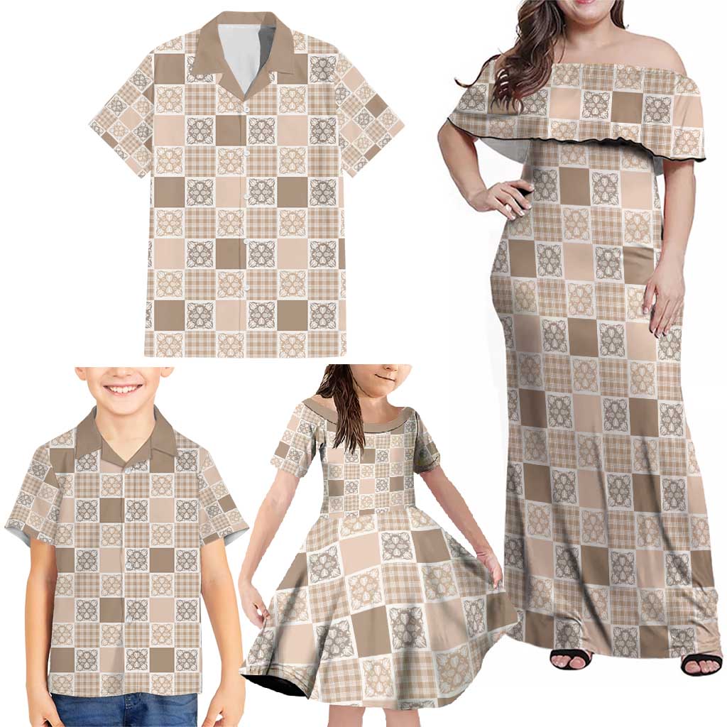 Hawaiian Palaka Quilt Pattern Family Matching Off Shoulder Maxi Dress and Hawaiian Shirt Hawaii Culture Tropical Flowers Mix - Polynesian Pride