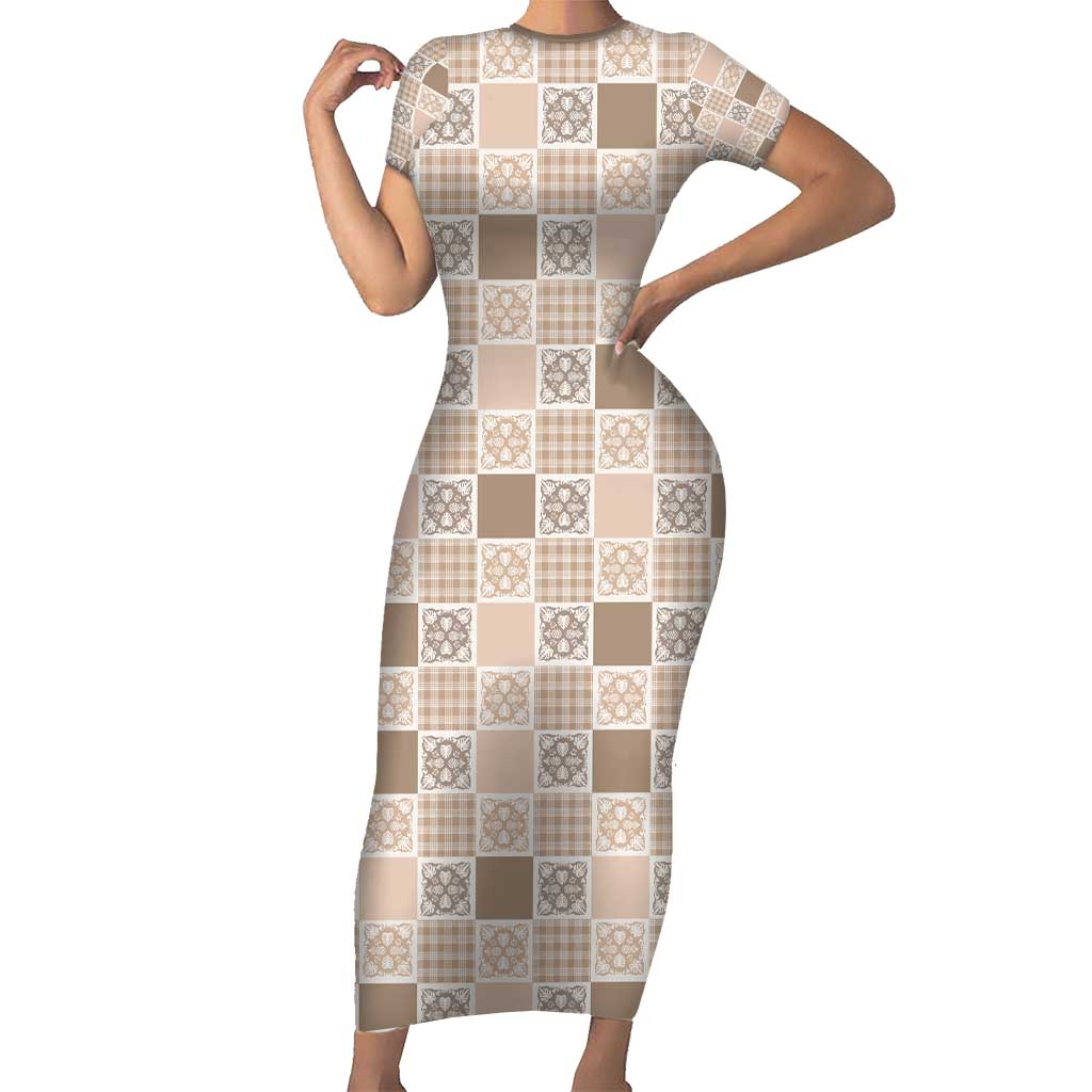 Hawaiian Palaka Quilt Pattern Family Matching Short Sleeve Bodycon Dress and Hawaiian Shirt Hawaii Culture Tropical Flowers Mix - Polynesian Pride