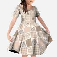 Hawaiian Palaka Quilt Pattern Kid Short Sleeve Dress Hawaii Culture Tropical Flowers Mix - Polynesian Pride