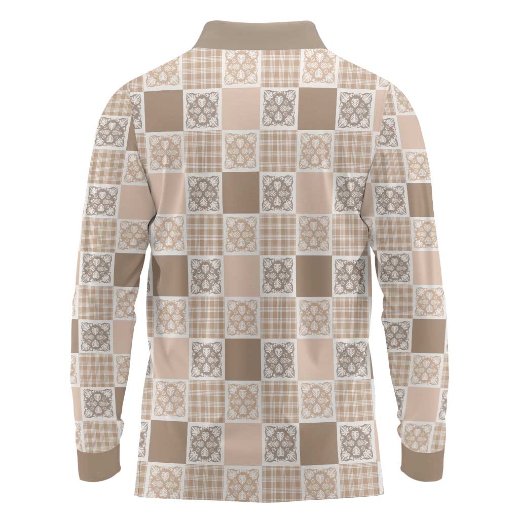 Hawaiian Palaka Quilt Pattern Long Sleeve Polo Shirt Hawaii Culture Tropical Flowers Mix - Polynesian Pride