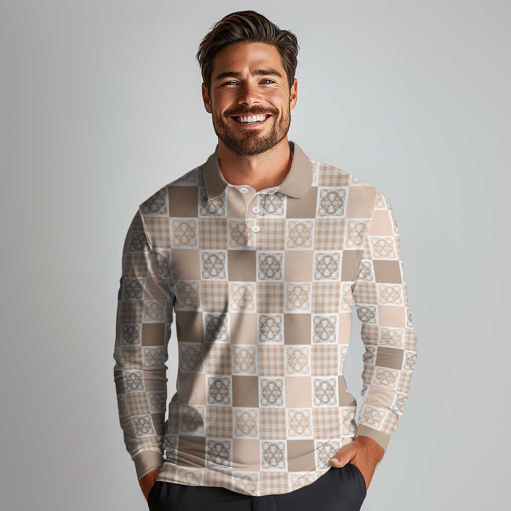 Hawaiian Palaka Quilt Pattern Long Sleeve Polo Shirt Hawaii Culture Tropical Flowers Mix - Polynesian Pride