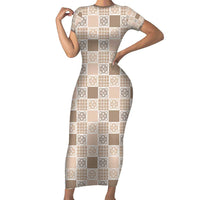 Hawaiian Palaka Quilt Pattern Short Sleeve Bodycon Dress Hawaii Culture Tropical Flowers Mix - Polynesian Pride