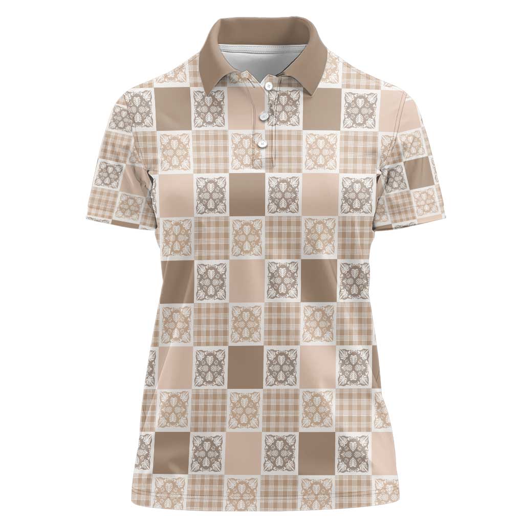Hawaiian Palaka Quilt Pattern Women Polo Shirt Hawaii Culture Tropical Flowers Mix - Polynesian Pride