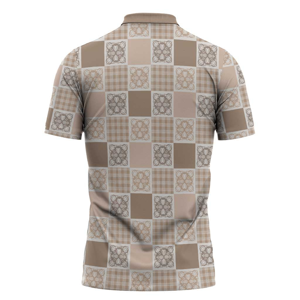 Hawaiian Palaka Quilt Pattern Zipper Polo Shirt Hawaii Culture Tropical Flowers Mix - Polynesian Pride