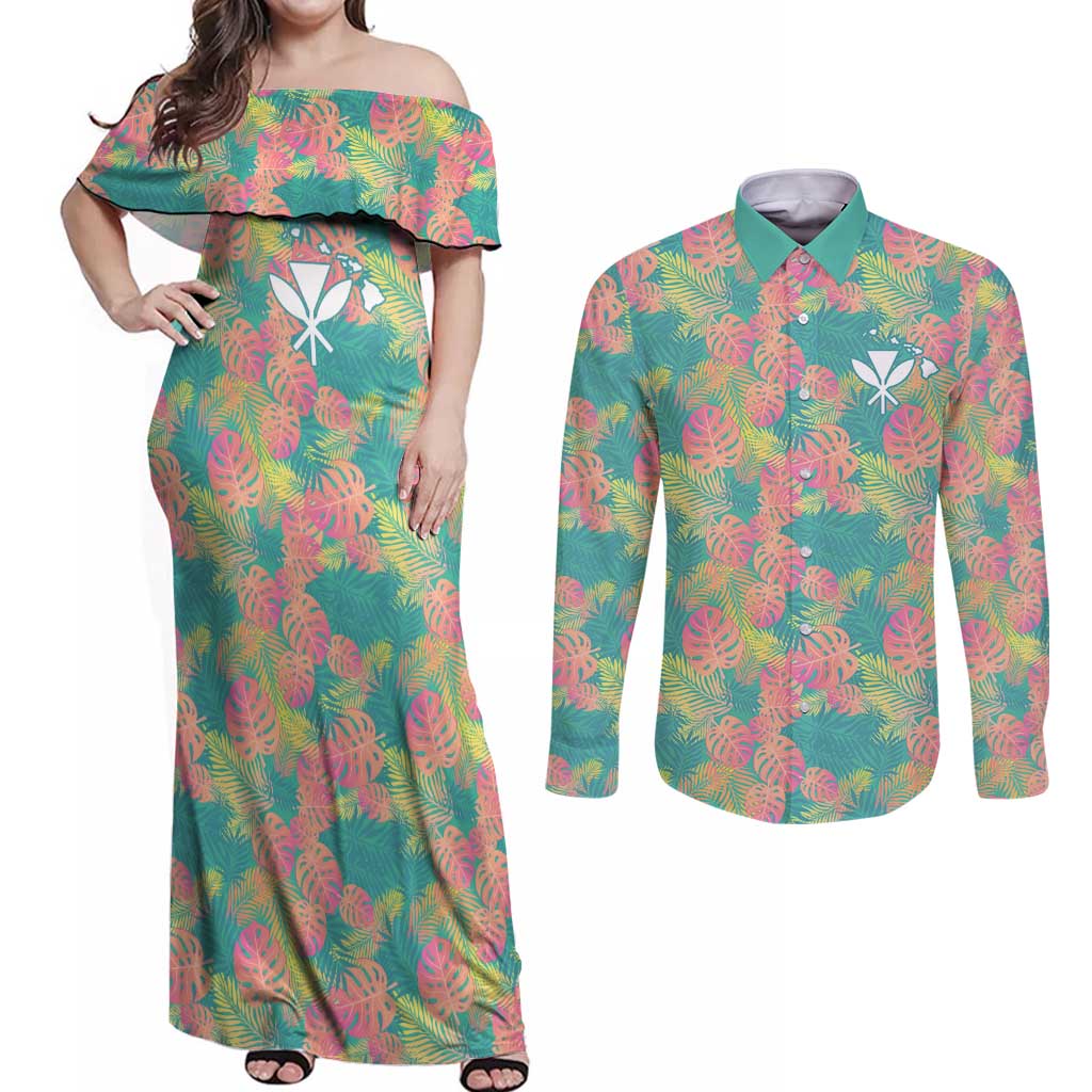 Seamless Hawaiian Quilt Pattern Couples Matching Off Shoulder Maxi Dress and Long Sleeve Button Shirt Hawaii Culture Palm Leaf Tropical - Polynesian Pride