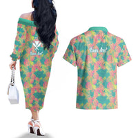 Seamless Hawaiian Quilt Pattern Couples Matching Off The Shoulder Long Sleeve Dress and Hawaiian Shirt Hawaii Culture Palm Leaf Tropical - Polynesian Pride