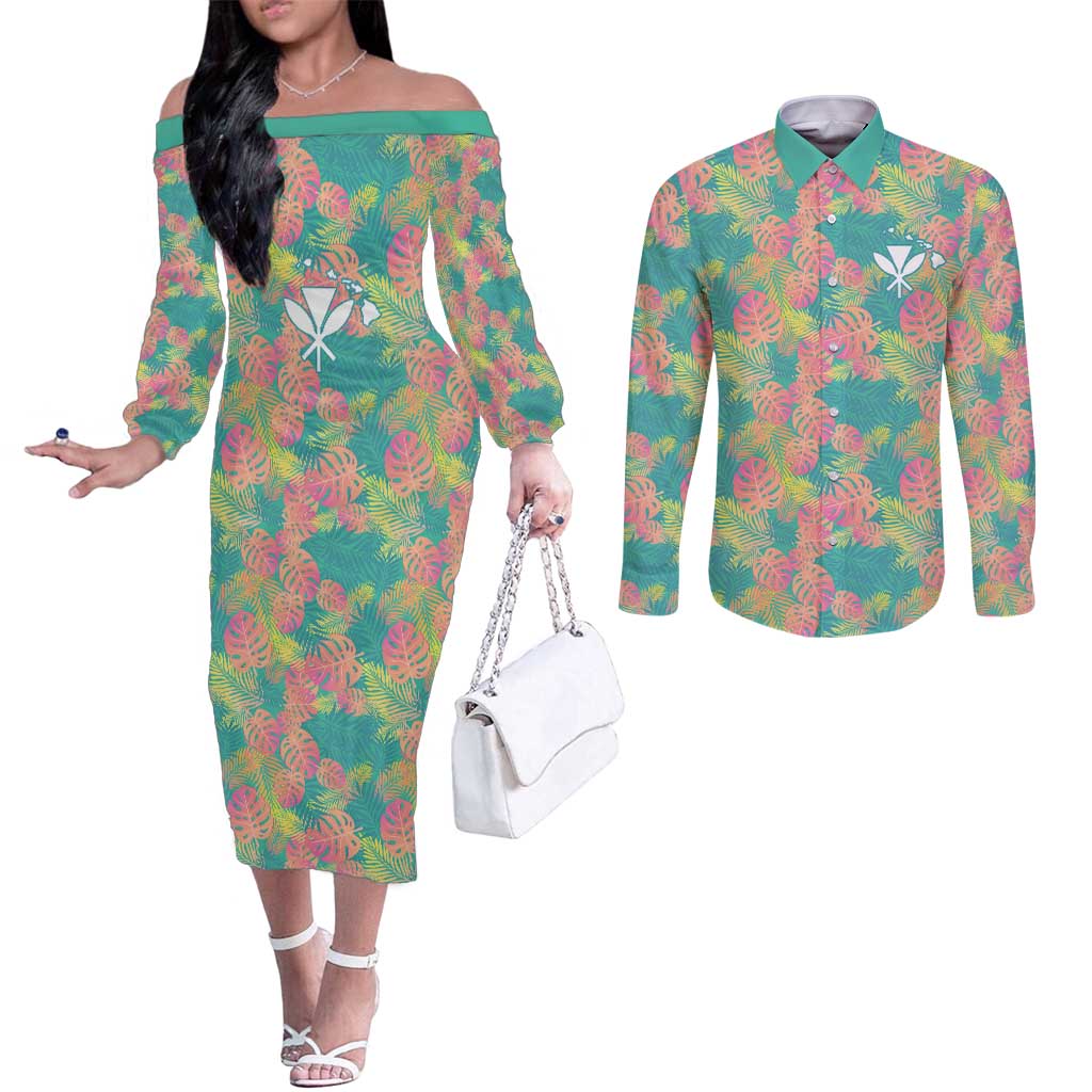Seamless Hawaiian Quilt Pattern Couples Matching Off The Shoulder Long Sleeve Dress and Long Sleeve Button Shirt Hawaii Culture Palm Leaf Tropical - Polynesian Pride