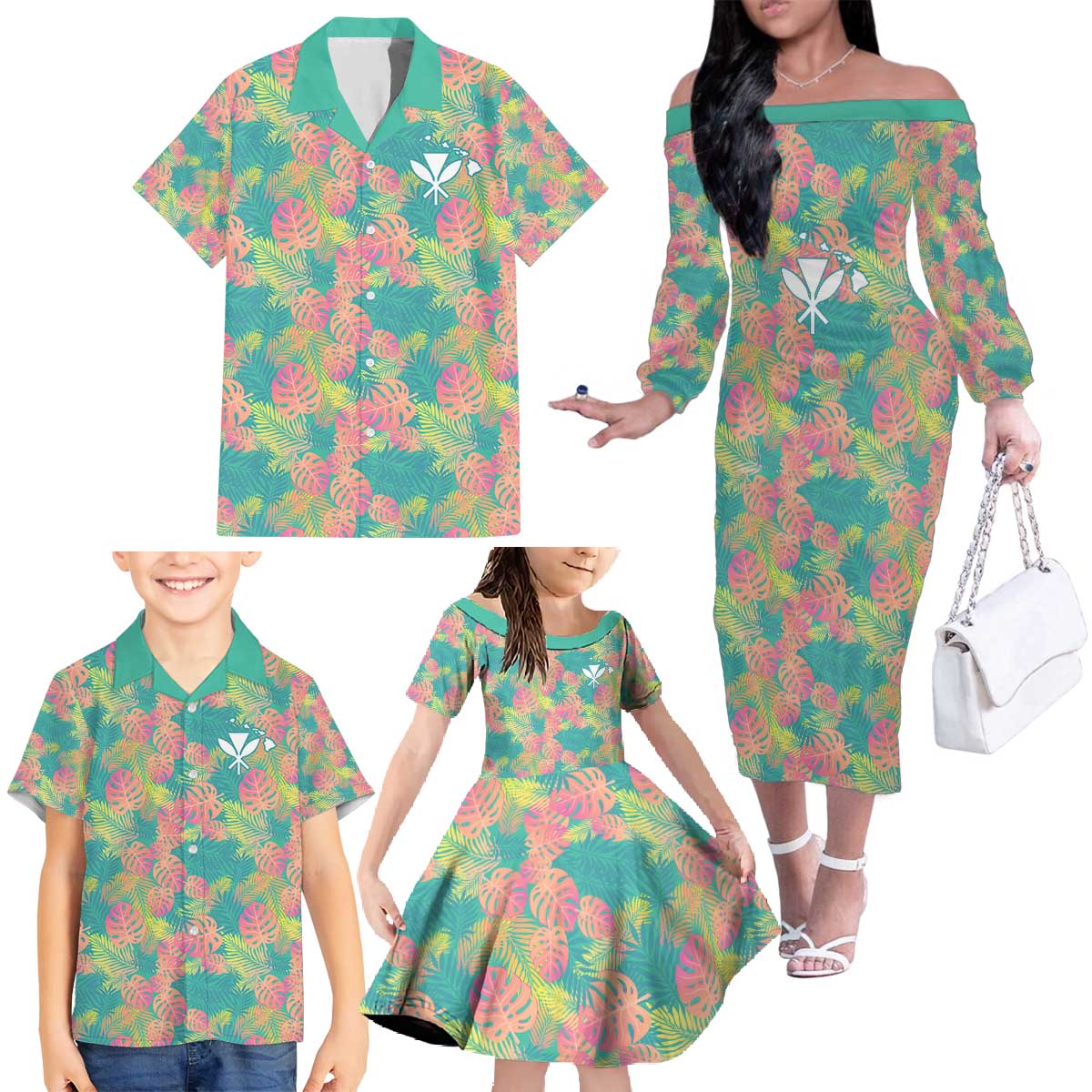 Seamless Hawaiian Quilt Pattern Family Matching Off The Shoulder Long Sleeve Dress and Hawaiian Shirt Hawaii Culture Palm Leaf Tropical - Polynesian Pride