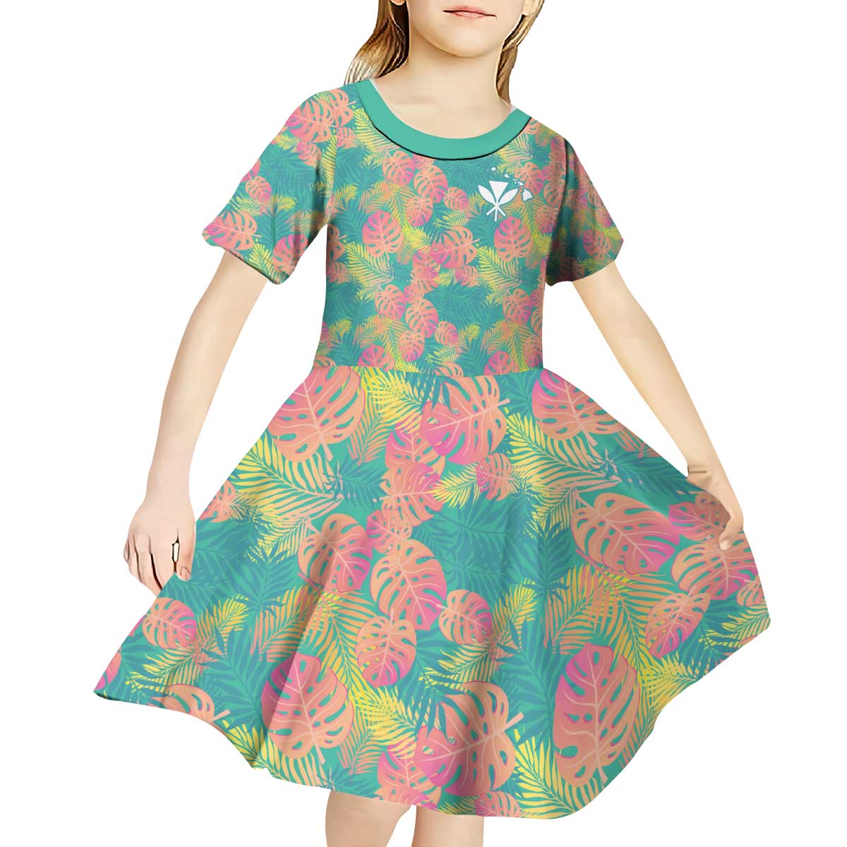 Seamless Hawaiian Quilt Pattern Kid Short Sleeve Dress Hawaii Culture Palm Leaf Tropical - Polynesian Pride
