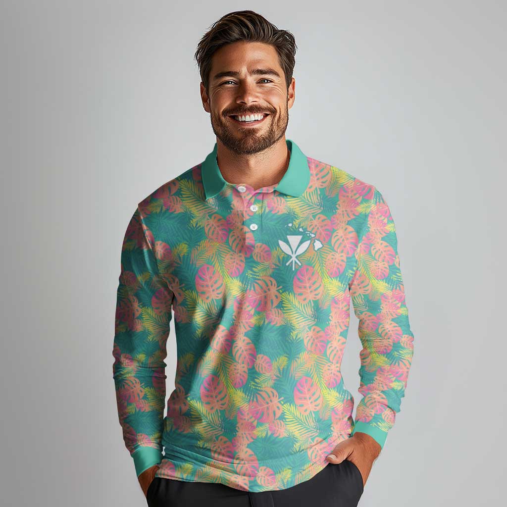 Seamless Hawaiian Quilt Pattern Long Sleeve Polo Shirt Hawaii Culture Palm Leaf Tropical - Polynesian Pride