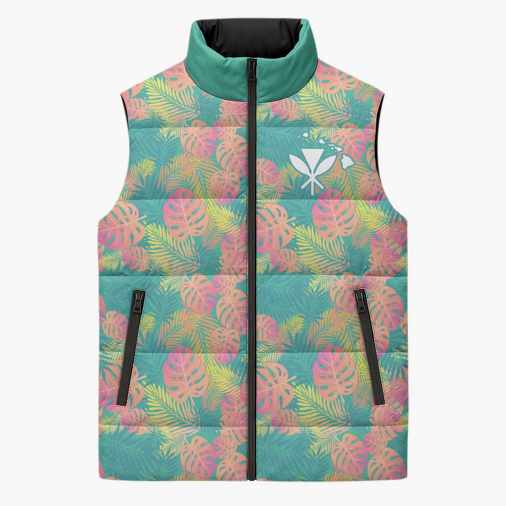 Seamless Hawaiian Quilt Pattern Sleeveless Puffer Jacket Hawaii Culture Palm Leaf Tropical - Polynesian Pride