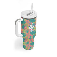 Seamless Hawaiian Quilt Pattern Tumbler With Handle Hawaii Culture Palm Leaf Tropical - Polynesian Pride