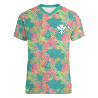 Seamless Hawaiian Quilt Pattern Women V-Neck T-Shirt Hawaii Culture Palm Leaf Tropical - Polynesian Pride